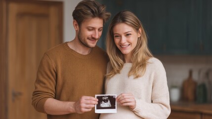 Fototapeta premium Joyful couple holding ultrasound photo in cozy kitchen, celebrating the journey of parenthood with love and excitement in a warm atmosphere