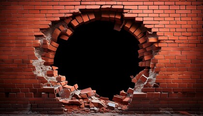 Large Damaged Hole Breaking Through A Red Brick Wall Surface