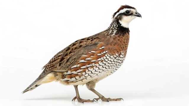 Realistic Northern Bobwhite isolated on white studio background, detailed brown and white plumage, sharp focus, professional lighting, wildlife bird portrait