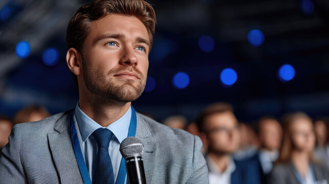 Confident young man in suit holding microphone at conference, blue lights in background, audience listening attentively