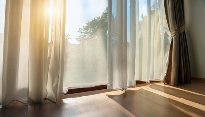 Close Up Of White Curtain In The Room At Home With Sunlight
