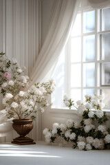 Fototapeta premium Elegant white floral arrangement in classic vase beside sunlit window, soft draped curtain, peaceful atmosphere, natural light, serene mood