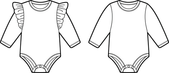 Vector baby onesie sketch, infant bodysuit flat drawing, long sleeve romper template, ruffle detail variation, fashion design illustration, garment outline
