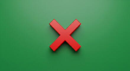 Obraz premium Bold red cross symbol signifies rejection or error on a vibrant green background, perfect for design and alerts.