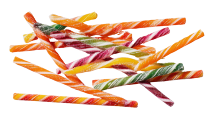 Assorted colorful sugar candy sticks twisted sweet dessert confectionery stripes festive halloween treats isolated delicious snack background pattern on white background