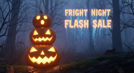Fright night flash sale with stacked pumpkins in a spooky forest at night
