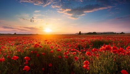 Landscape With Nice Sunset Over Poppy Field High Quality Photo