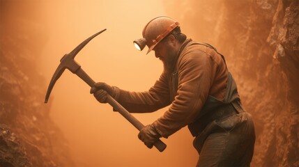 Fototapeta premium Miner in a Dusty Underground Tunnel Working with a Pickaxe and Wearing Protective Gear Under a Headlamp in a Gritty Environment