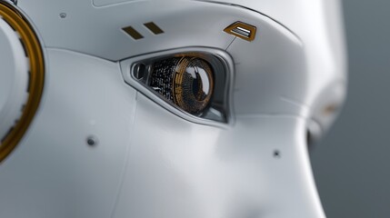 Close-up of AI Artificial Intelligence robot's eye looking towards future technology