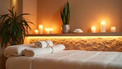 Massage table with clean towels, lit candles in serene spa room. Soft ambient lighting creates tranquil atmosphere for relaxation, wellness treatments. Plants add natural decor to peaceful setting.