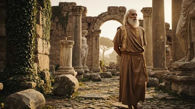 Ancient Scholar Standing Among Classical Ruins and Stone Statues