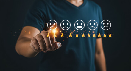 Customer Experience Survey Hand Selecting Poor Rating with Stars and Sad Faces for Online Satisfaction Feedback and