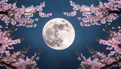 Sakura Moon Celebration Full Moon Placed Center Framed By Arching Sakura Branches