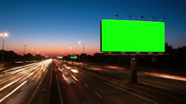 Green Screen 4k advertising billboard on sidelines of expressway with traffic at evening time lapse scene 3 distortion, overlay, glitch, static noise, scan lines black background, animated video loop