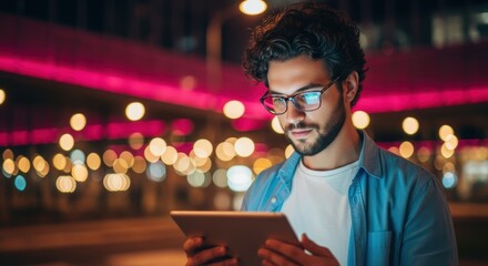 A young man wearing glasses and a blue shirt stands in a dimly lit setting, using a digital tablet against a background of colorful lights and bokeh effects.