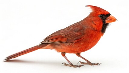 Realistic Northern Cardinal isolated on white studio background, vivid red feathers, black facial mask, orange beak, sharp focus, professional lighting, wildlife bird portrait