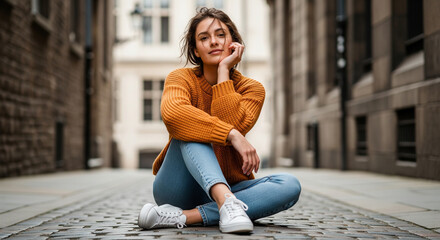 young woman sitting on the street