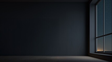 Elegant interior shot with a large window overlooking the soft sunrise sky and the dark gray empty wall 