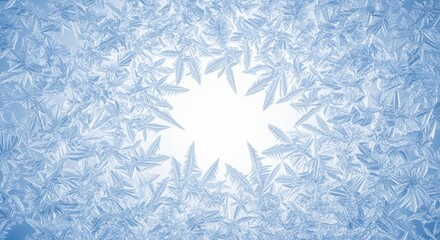 Close-up of intricate ice crystal patterns on a cold surface, showcasing the beauty and complexity of natural winter phenomena in a crisp, icy blue tone.