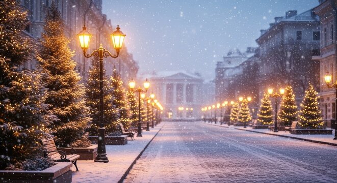 A snowy, illuminated street scene with lit-up Christmas trees, lamps, and buildings in the background. The image evokes a festive, winter atmosphere with the falling snow and warm holiday lighting. - Powered by Adobe