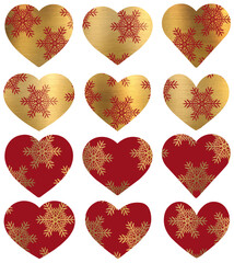 Gold and Red Snowflake Heart Vector Set for Christmas Designs