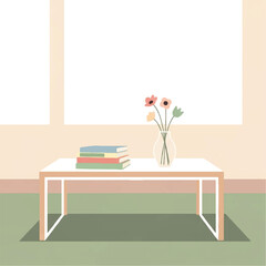 Fototapeta premium A minimalist living room with a coffee table, books, and a vase of flowers for a calm atmosphere
