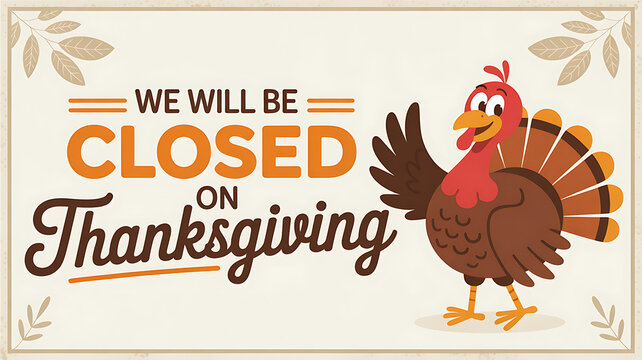 We will be closed on thanksgiving holiday announcement featuring a cartoon turkey. vector illustration.