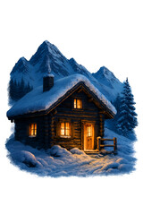 Winter cabin in snowy alps, cozy wooden hut, 3d digital art, night scene, white background
