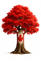Red maple tree with Canadian flag painted over it white background autumn season