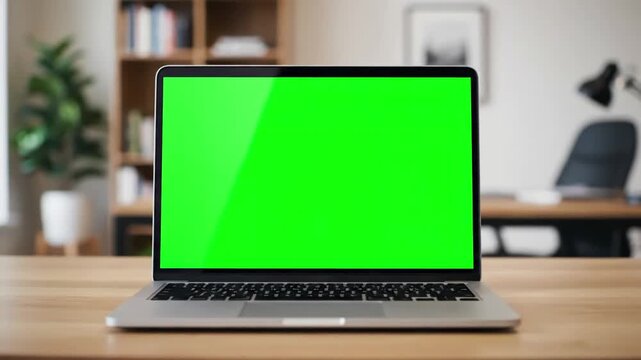 Green Screen laptop with blank in office interior smooth camera movement around object bokeh background home or 4k 24fps uhd scene 3 distortion, overlay, glitch, static noise, scan lines on black