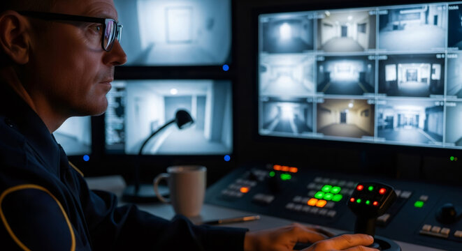Man security guard or correction officer monitoring multiple CCTV surveillance camera feeds at a control room. Modern crime prevention technology.