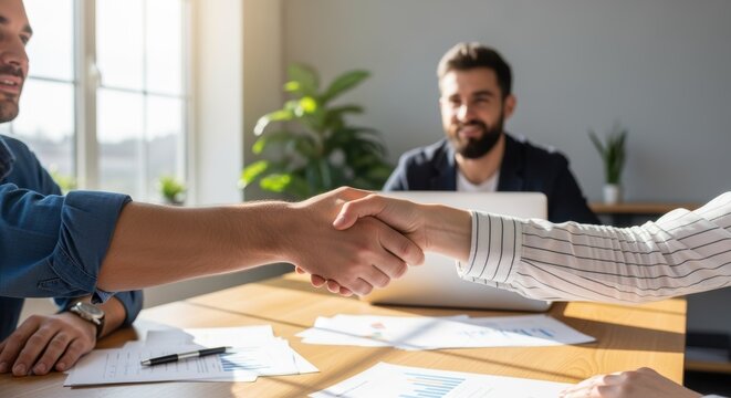 Two businessmen shaking hands at a desk with documents and a laptop, indicating a successful business deal or meeting in a professional office environment.