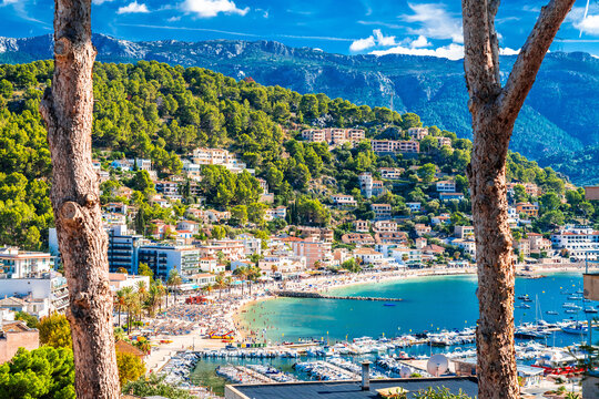Island of Mallorca. Port de Soller harbor and beach on Mallorca island scenic panoramic view