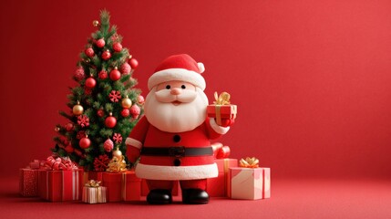 Festive Santa Claus Illustration with Christmas Tree and Presents Against a Red Backdrop