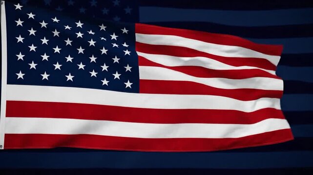 A US flag waves against a gradient blue background with star silhouettes