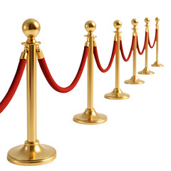 Luxurious golden stanchions with red velvet ropes creating an elegant VIP red carpet barrier on a transparent background PNG