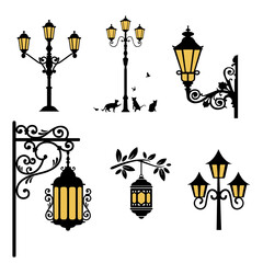 Vintage Street Lamp Silhouette Set Urban Retro Lighting Icons
