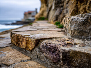 Detailed view of a weathered stone pathway along a rugged coastal cliffside with blurred ocean and buildings in the background on an overcast day