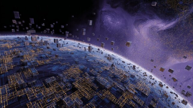 Satellites Surrounding Earth with Global Data Network in Deep Space. AI generative