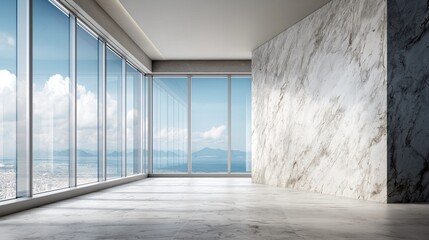 Modern office space with large windows and marble wall revealing scenic outdoor view of sky and ocean. 