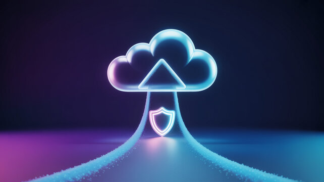stylized cloud with upload arrow and shield indicating secure file transfer privacy first data safety and protected cloud migration