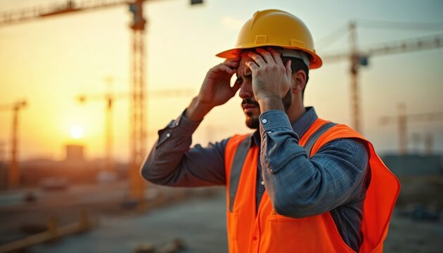 Construction worker wearing orange vest, yellow hard hat touches his forehead, eyes on building site. Man looks stressed, unwell. He stands on construction site with cranes in background at sunset.