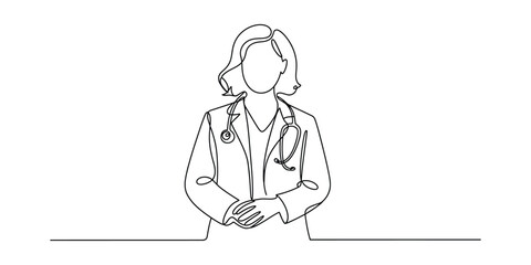 Elegant continuous line drawing of a doctor with stethoscope and lab coat vector