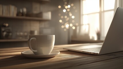 Warm and inviting scene with cup of coffee near a laptop on a wooden surface interior design