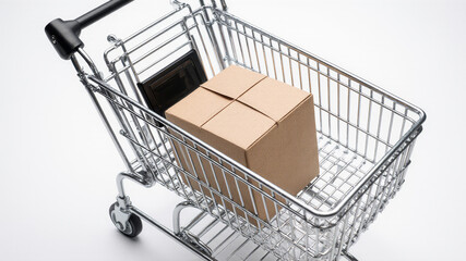 Shopping cart with cardboard box showing limited consumer access to supplies