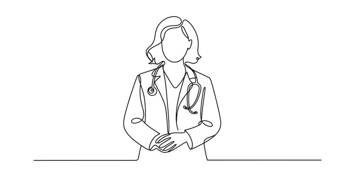 Elegant continuous line drawing of a doctor with stethoscope and lab coat vector