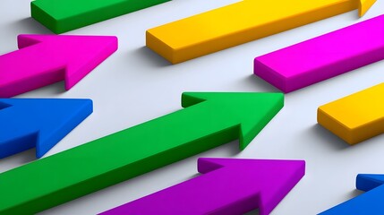 An abstract arrangement of vibrant, three-dimensional arrow-shaped blocks in a variety of bold colors, including blue, green, yellow, and pink, creating a dynamic and visually striking graphic design.