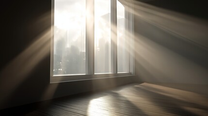 Sunlight streaming through window illuminates interior space with bright light and shadow contrast