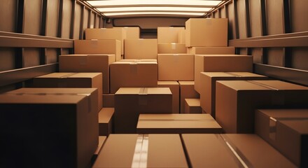 Boxes stacked inside a truck ready for shipping and delivery for moving house