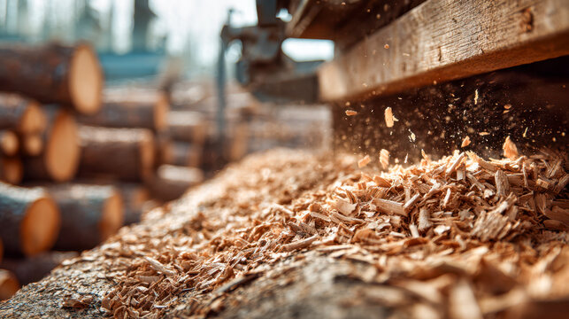 Freshly cut wood chips falling from a sawmill production line with stacked logs blurred in the background in a rustic outdoor setting